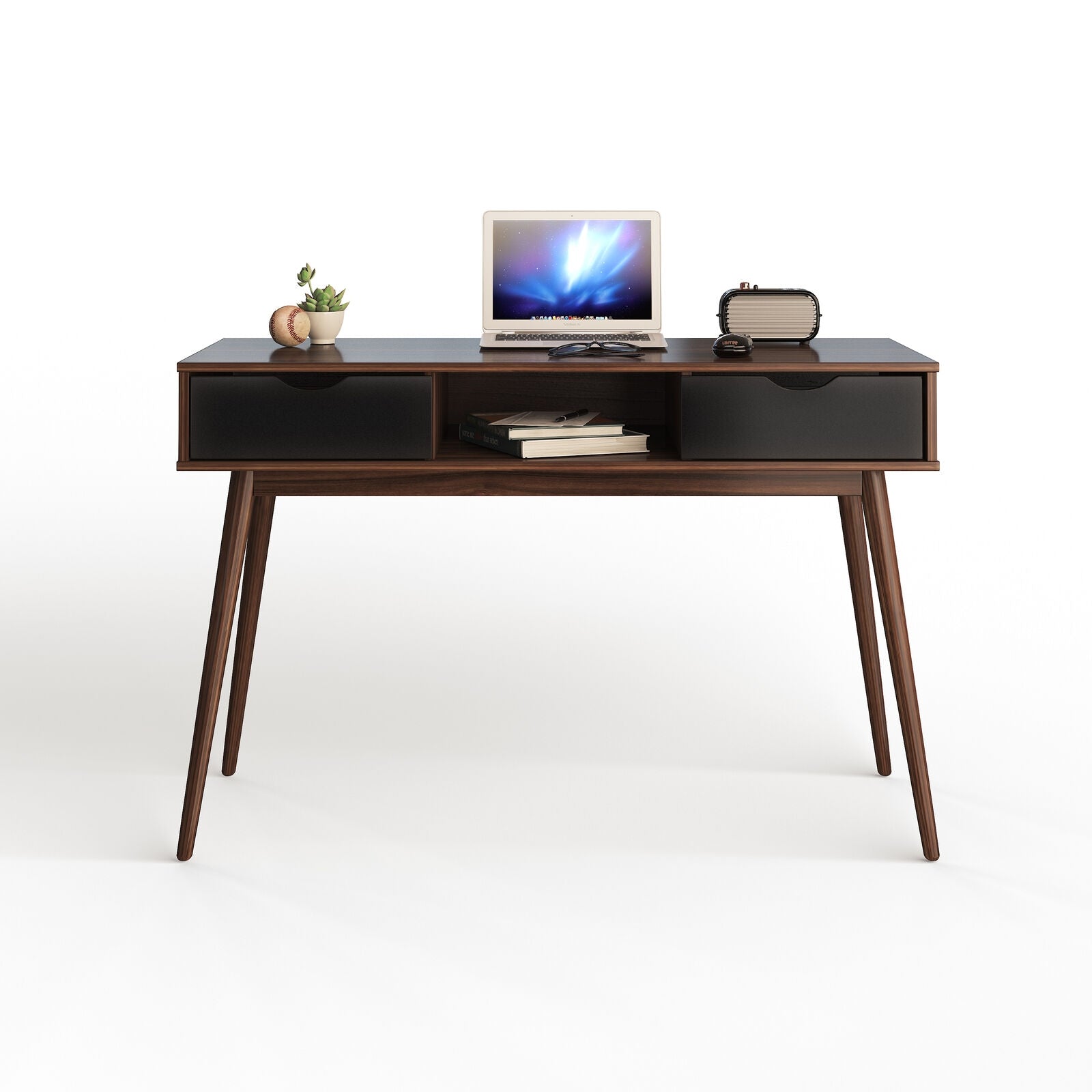 Mid Century Wooden Computer Desk with Storage Drawers-Walnut