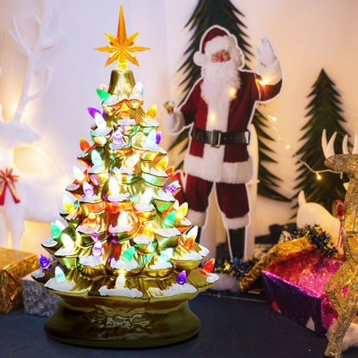 Open Box-15-inch hand-painted gold snow powder ceramic Christmas tree / color light - Relaxacare