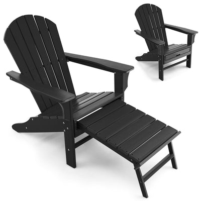 Patio HDPE Adirondack Chair with Retractable Ottoman-Black - Relaxacare