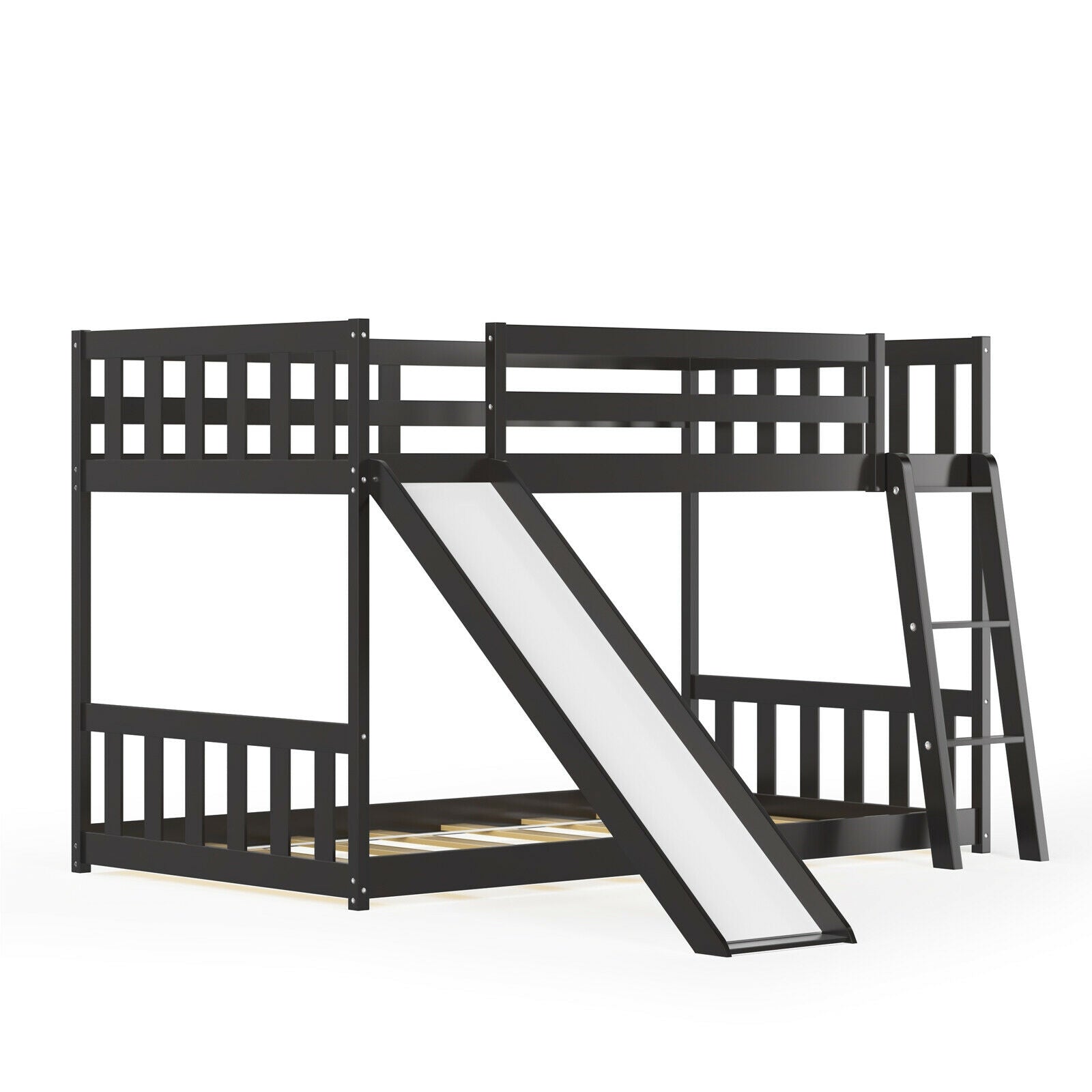 Twin Over Twin Bunk Wooden Low Bed with Slide Ladder for Kids