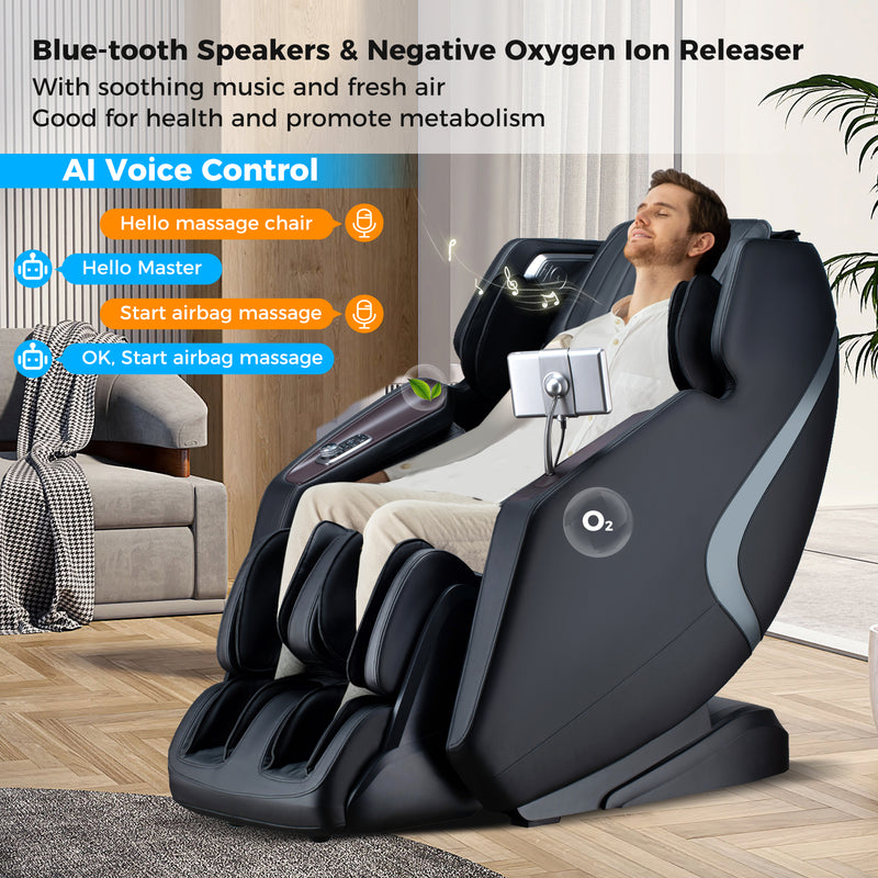 Mega Sale-Costway-4D SL-Track Full Body Massage Chair w/ Zero-Gravity Design, Heated Shawl, Neck & Back & Feet Heater, Calf & Foot Rollers,Magic Calf Rollers, Voice Control, Yoga Stretching, Smart Body Scanning, Touch Screen, Blue-tooth Speaker