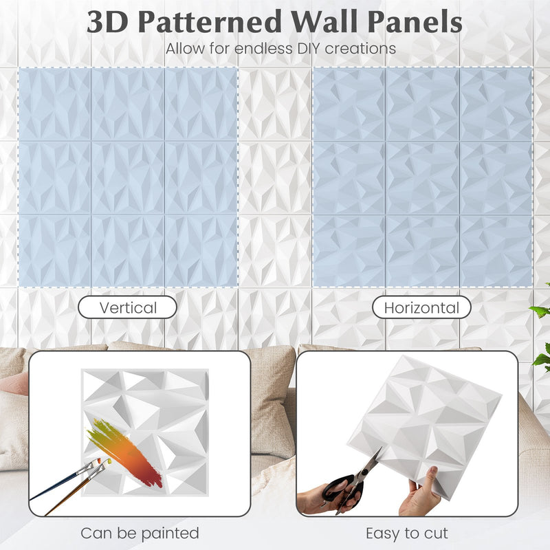 100-Pack 3D Wall Panels 12" x 12" PVC Interior Wall Decoration with Diamond Accent-White