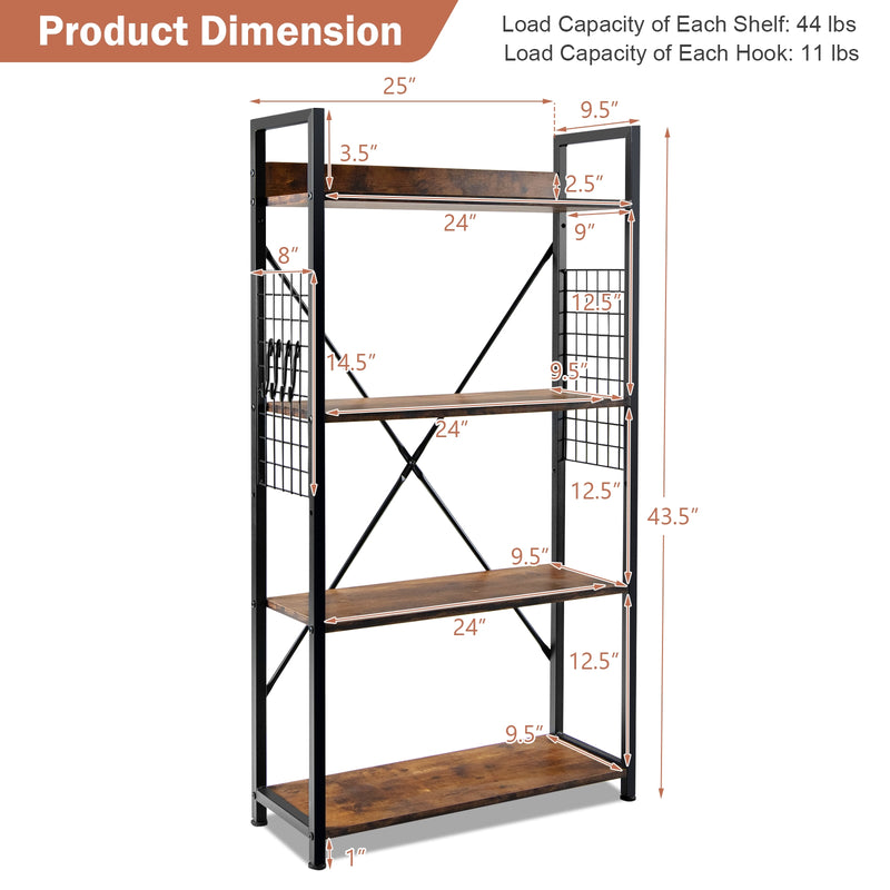 4 -Tier Industrial Open Storage Bookshelf-Rustic Brown