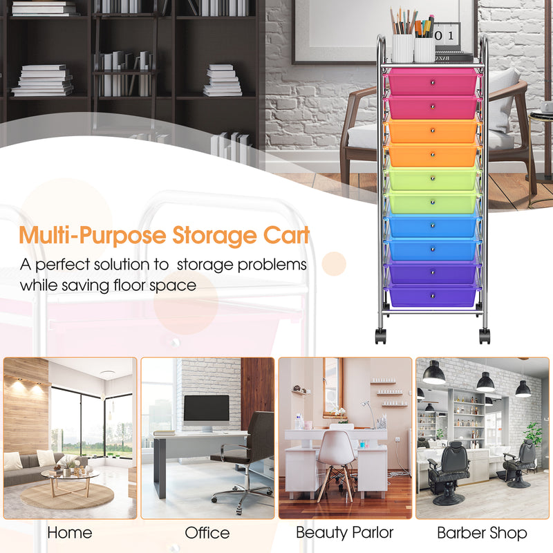 10 Drawer Rolling Storage Cart Organizer with 4 Universal Casters-Tran