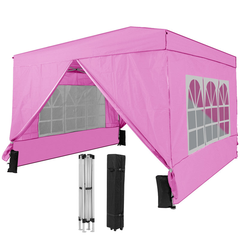10 X 10 FT Pop up Canopy Tent Outdoor Patio Commercial Sunshade Shelter with 4 Sidewalls-Pink