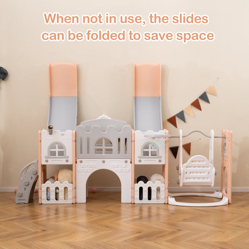 10-in-1 Toddler Slide and Swing Set with Double Slides and Tunnel-Pink