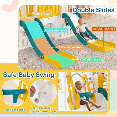 10-in-1 Toddler Slide and Swing Set with Double Slides and Tunnel-Yellow