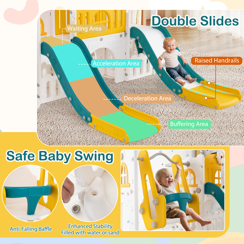 10-in-1 Toddler Slide and Swing Set with Double Slides and Tunnel-Yellow