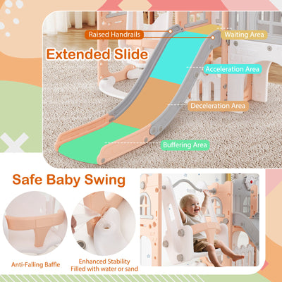 10-in-1 Toddler Swing and Slide Set Climber Playset with Basketball Hoop-Pink