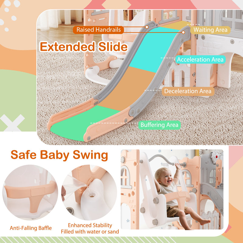 10-in-1 Toddler Swing and Slide Set Climber Playset with Basketball Hoop-Pink