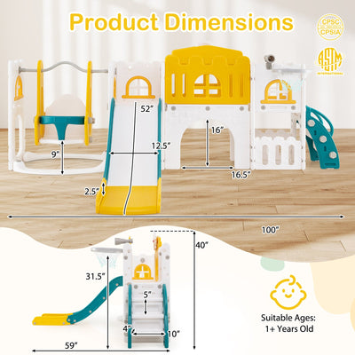 10-in-1 Toddler Swing and Slide Set Climber Playset with Basketball Hoop-Yellow