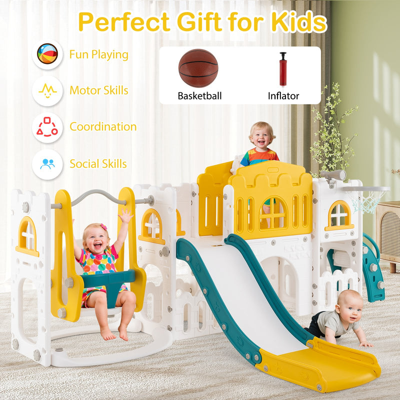 10-in-1 Toddler Swing and Slide Set Climber Playset with Basketball Hoop-Yellow