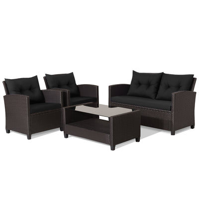 4 Pieces Patio Rattan Conversation Furniture Set with Glass Top Coffee Table-Black
