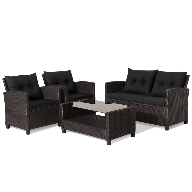 4 Pieces Patio Rattan Conversation Furniture Set with Glass Top Coffee Table-Black