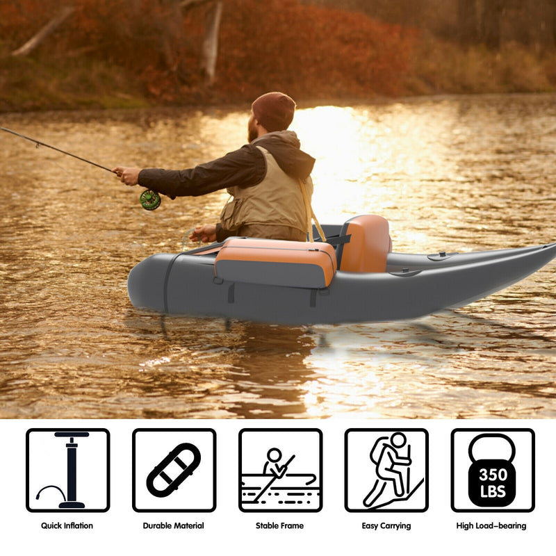 *Inflatable Fishing Float Tube with Pump Storage Pockets and Fish Ruler - Gray