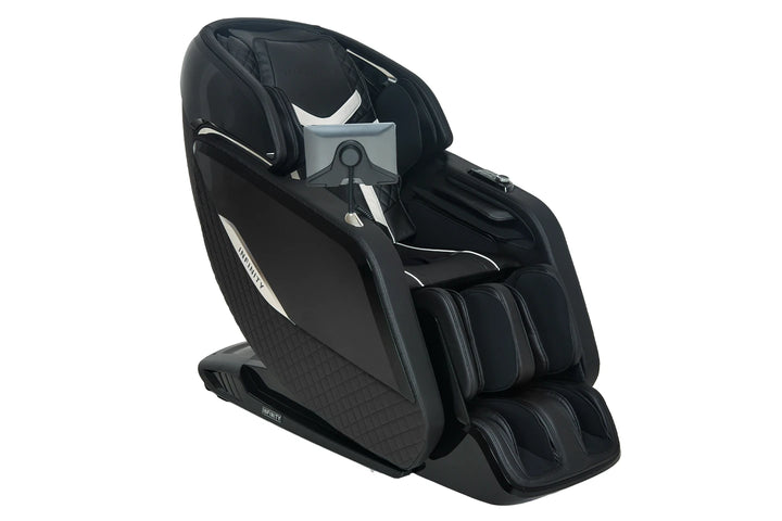 A black modern massage chair with white accent lines and a gray headrest support, shown from a three-quarters angle on a solid white background.