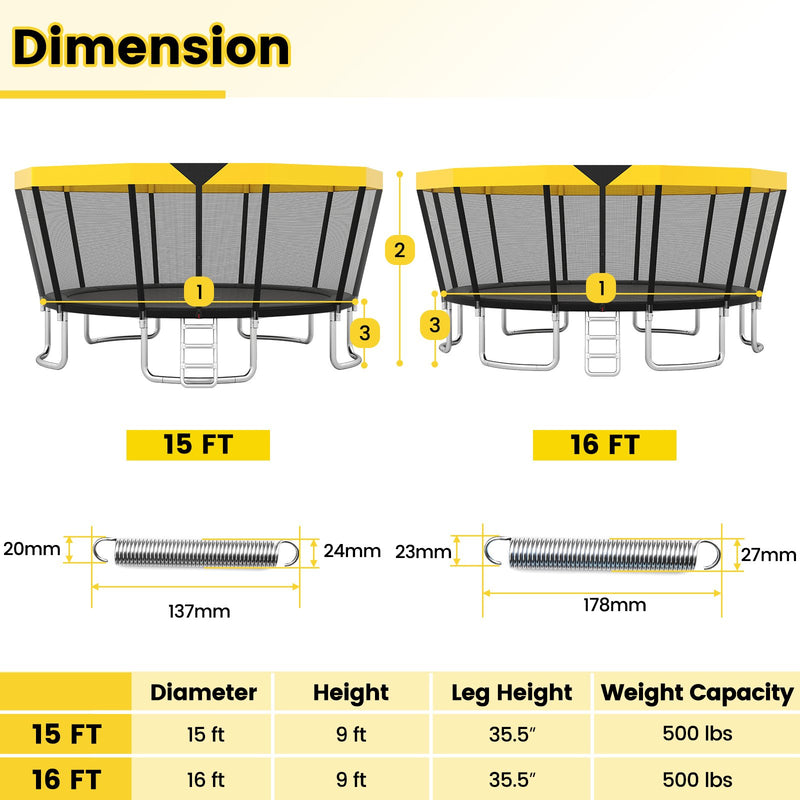 15 FT Outdoor Trampoline ASTM Compliant Recreational Trampoline with Non-Slip Ladder-Yellow