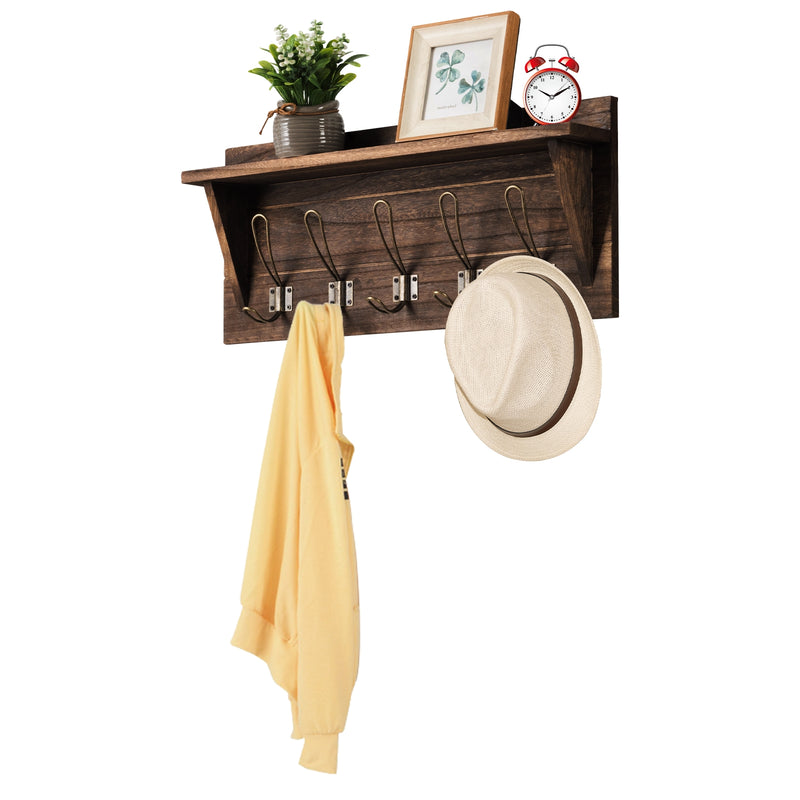 Rustic Wooden Wall-Mounted Entryway Hanging Shelf-Brown
