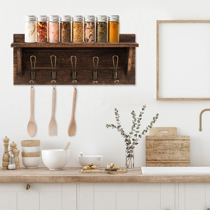Rustic Wooden Wall-Mounted Entryway Hanging Shelf-Brown