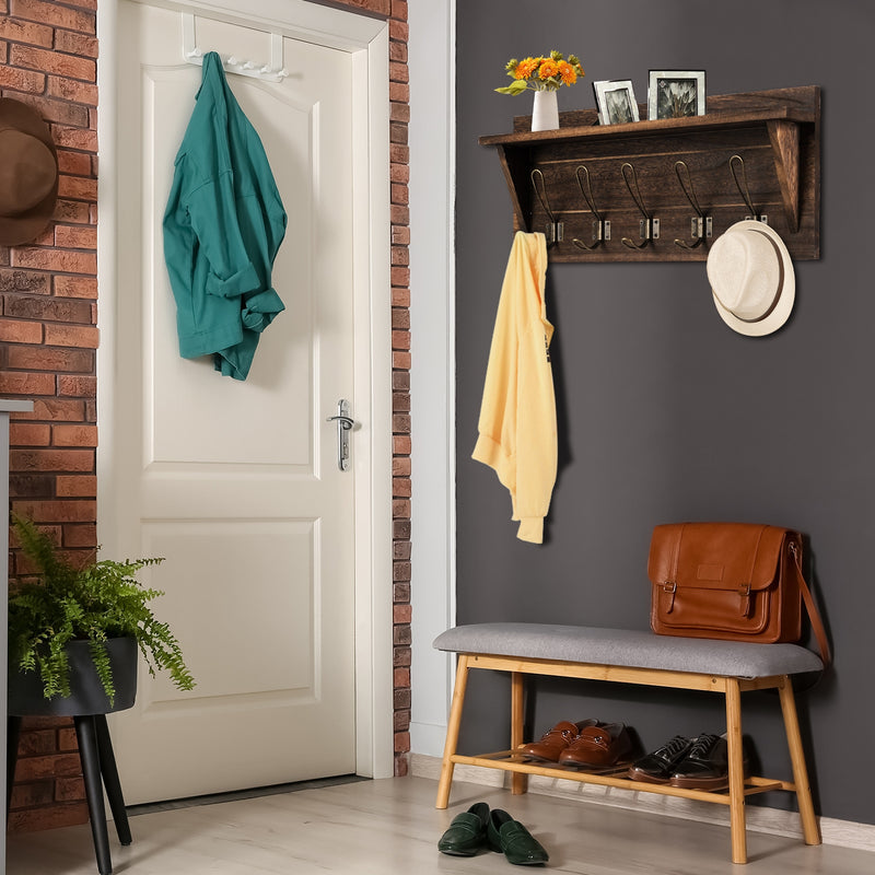 Rustic Wooden Wall-Mounted Entryway Hanging Shelf-Brown