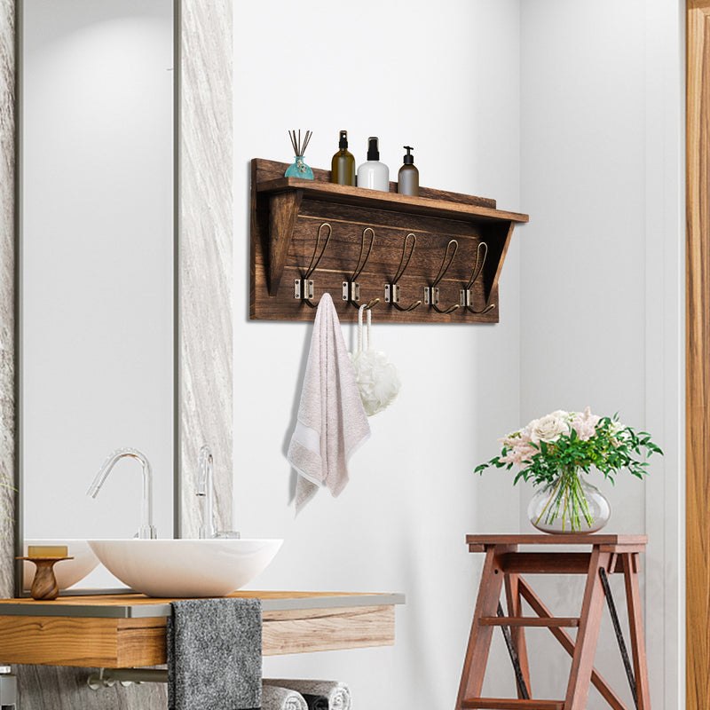 Rustic Wooden Wall-Mounted Entryway Hanging Shelf-Brown