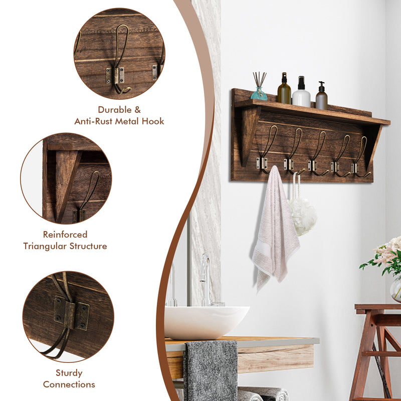 Rustic Wooden Wall-Mounted Entryway Hanging Shelf-Brown