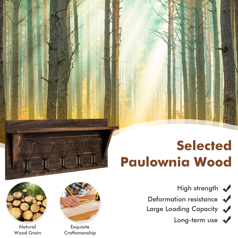 Rustic Wooden Wall-Mounted Entryway Hanging Shelf-Brown