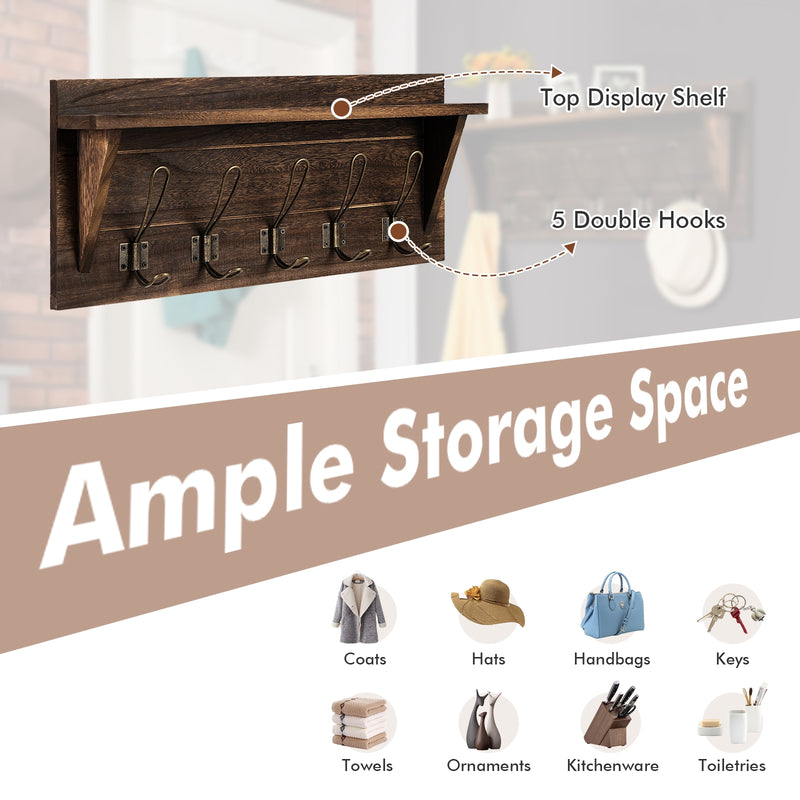 Rustic Wooden Wall-Mounted Entryway Hanging Shelf-Brown