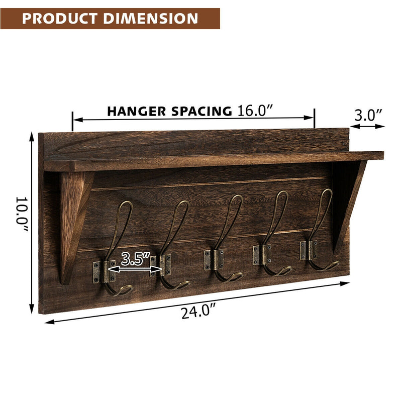Rustic Wooden Wall-Mounted Entryway Hanging Shelf-Brown