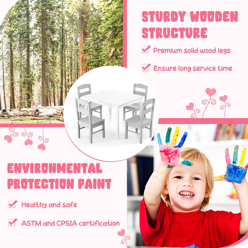 Kids 5 Piece Table and Chair Set Wooden Children Activity Playroom Furniture Gift-White