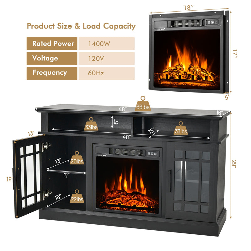 *48 Inch Fireplace TV Stand with 18 Inch Fireplace Insert  for TVs up to 55 Inch - Black