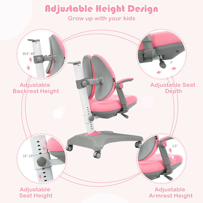 Kids Adjustable Height Depth Study Desk Chair with Sit-Brake Casters-Pink