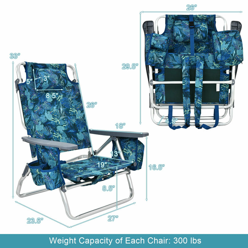 4-Pack 5-Position Outdoor Folding Backpack Beach Reclining Chair with Pillow-Navy