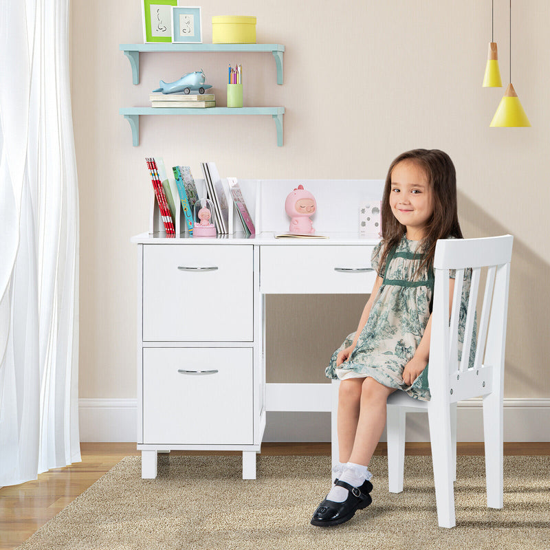 *Kids Wooden Writing Furniture Set with Drawer and Storage Cabinet - White
