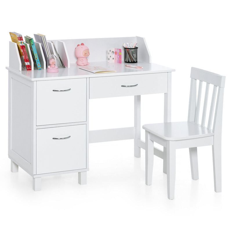 *Kids Wooden Writing Furniture Set with Drawer and Storage Cabinet - White