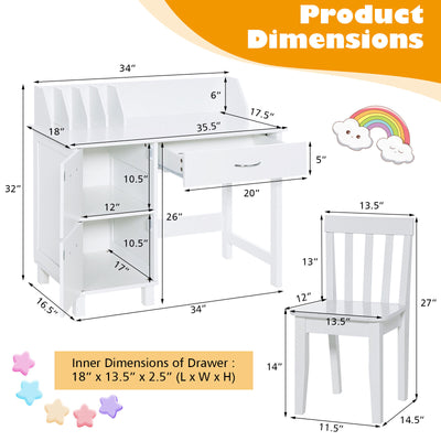 *Kids Wooden Writing Furniture Set with Drawer and Storage Cabinet - White