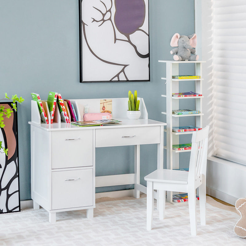 *Kids Wooden Writing Furniture Set with Drawer and Storage Cabinet - White