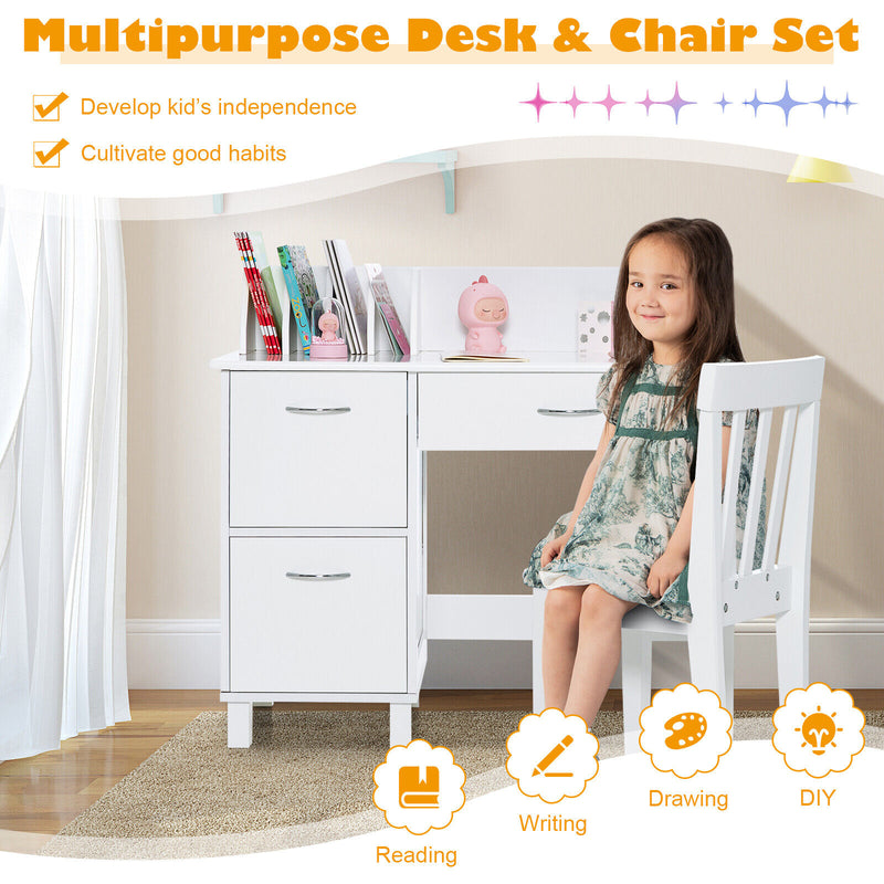 *Kids Wooden Writing Furniture Set with Drawer and Storage Cabinet - White