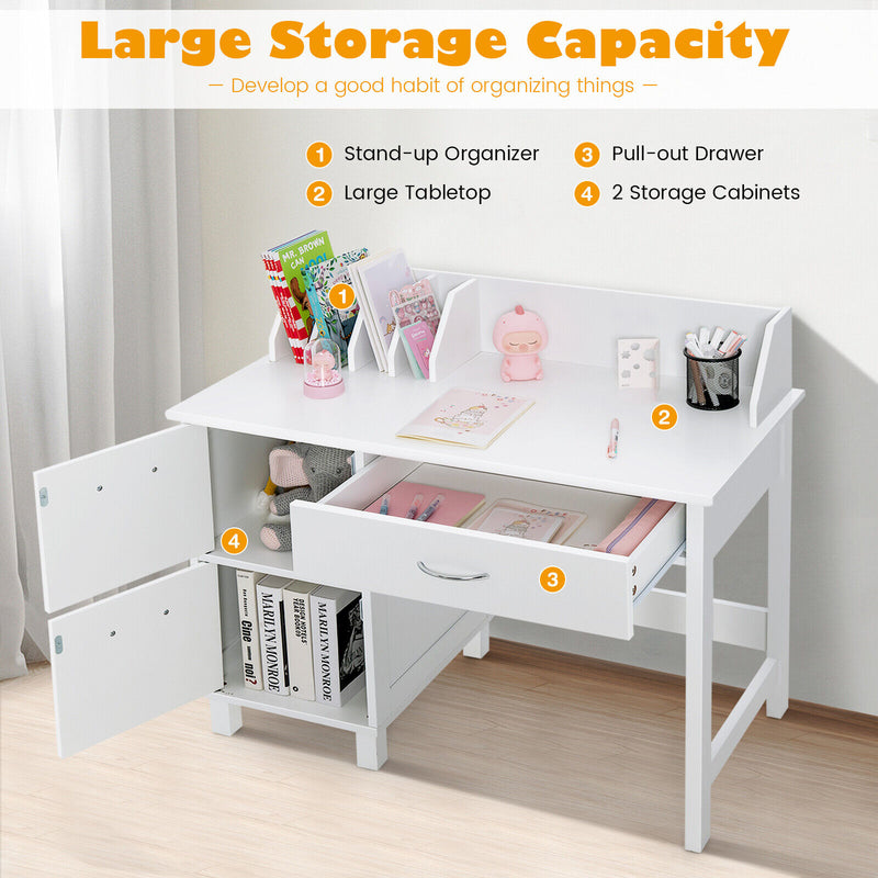 *Kids Wooden Writing Furniture Set with Drawer and Storage Cabinet - White