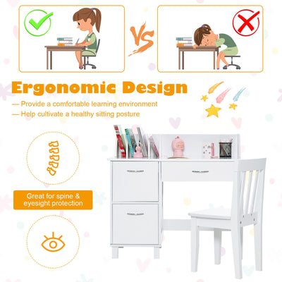 *Kids Wooden Writing Furniture Set with Drawer and Storage Cabinet - White