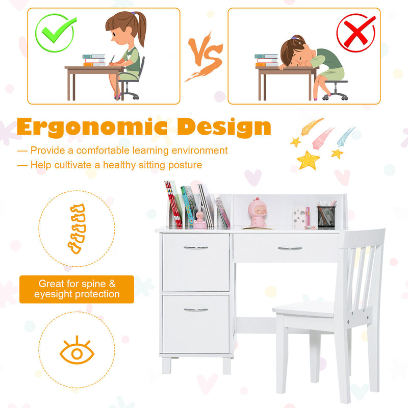 *Kids Wooden Writing Furniture Set with Drawer and Storage Cabinet - White