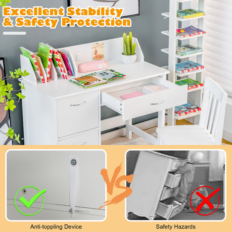 *Kids Wooden Writing Furniture Set with Drawer and Storage Cabinet - White