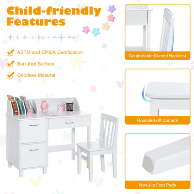 *Kids Wooden Writing Furniture Set with Drawer and Storage Cabinet - White
