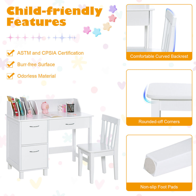 *Kids Wooden Writing Furniture Set with Drawer and Storage Cabinet - White