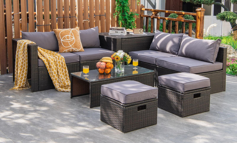 8 Pieces Patio Space-Saving Rattan Furniture Set with Storage Box and Waterproof Cover-Gray
