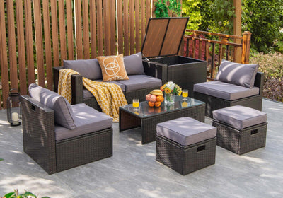 8 Pieces Patio Space-Saving Rattan Furniture Set with Storage Box and Waterproof Cover-Gray