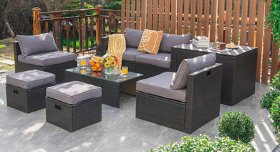 8 Pieces Patio Space-Saving Rattan Furniture Set with Storage Box and Waterproof Cover-Gray