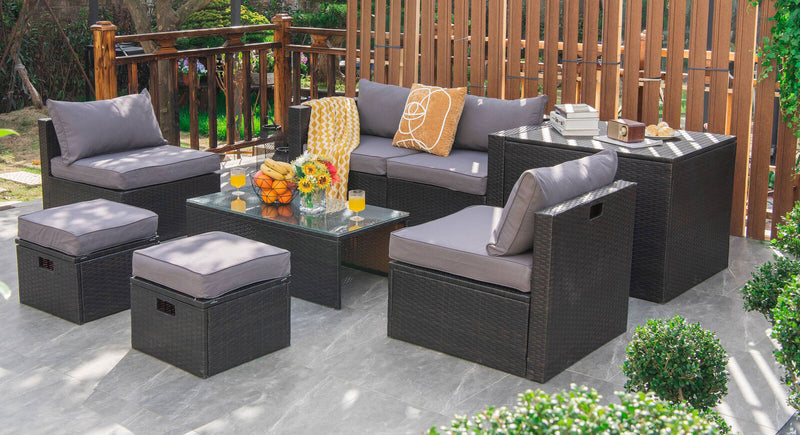 8 Pieces Patio Space-Saving Rattan Furniture Set with Storage Box and Waterproof Cover-Gray
