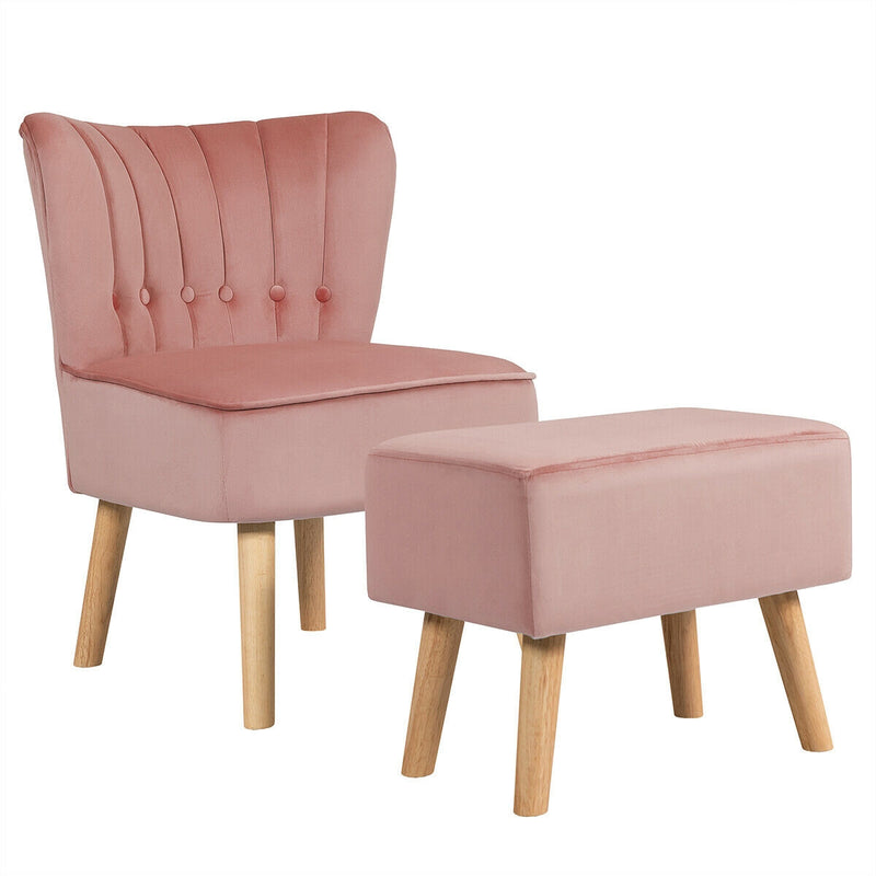 Leisure Chair and Ottoman Thick Padded Tufted Sofa Set-Pink