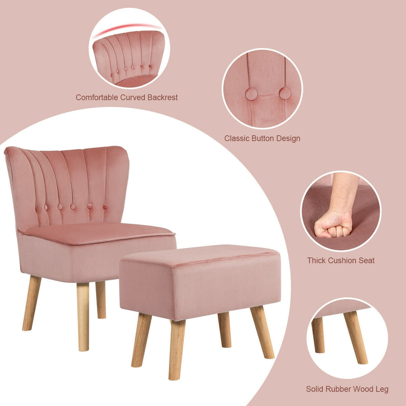 Leisure Chair and Ottoman Thick Padded Tufted Sofa Set-Pink